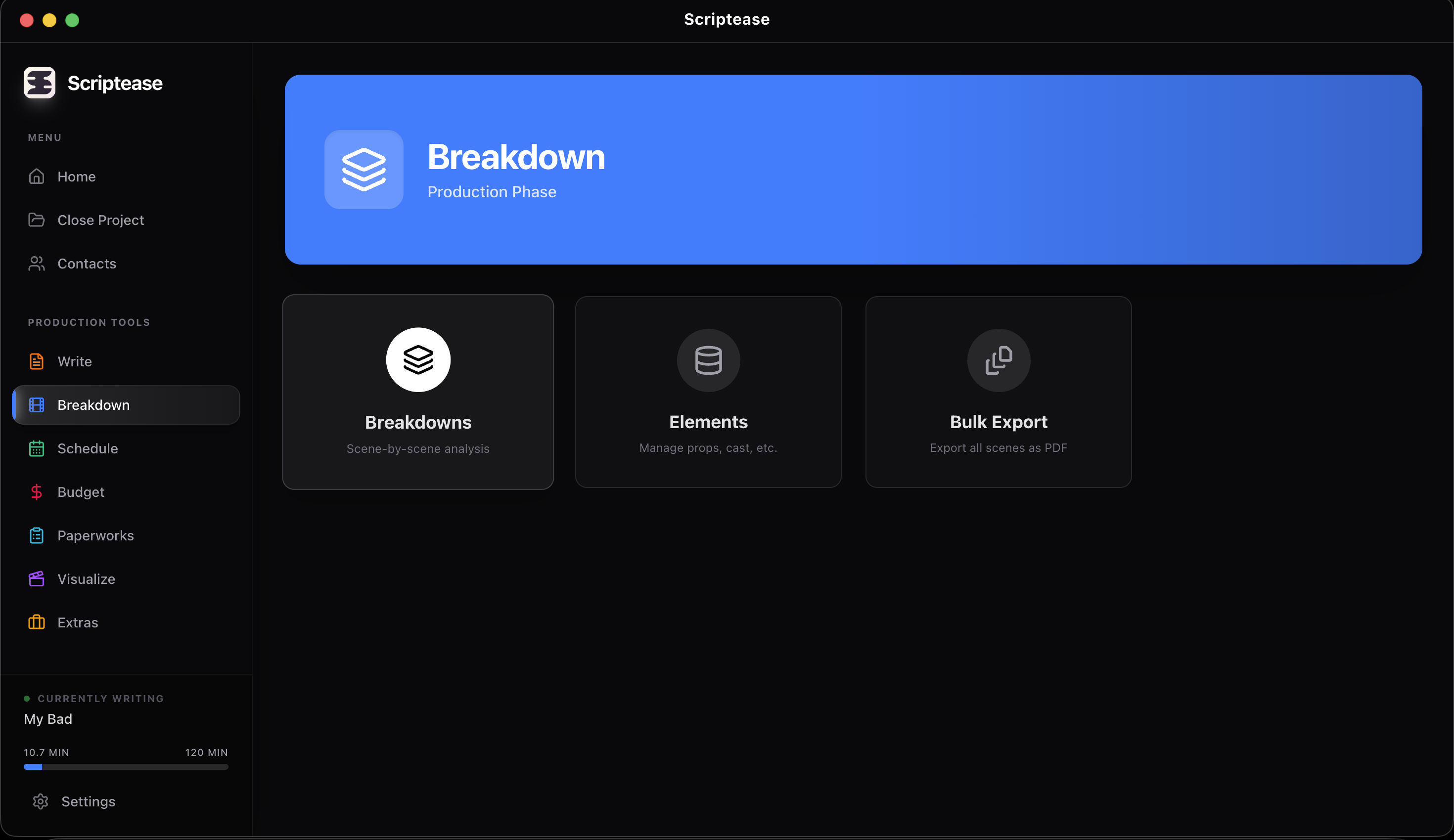 Scriptease breakdown hub for scene elements