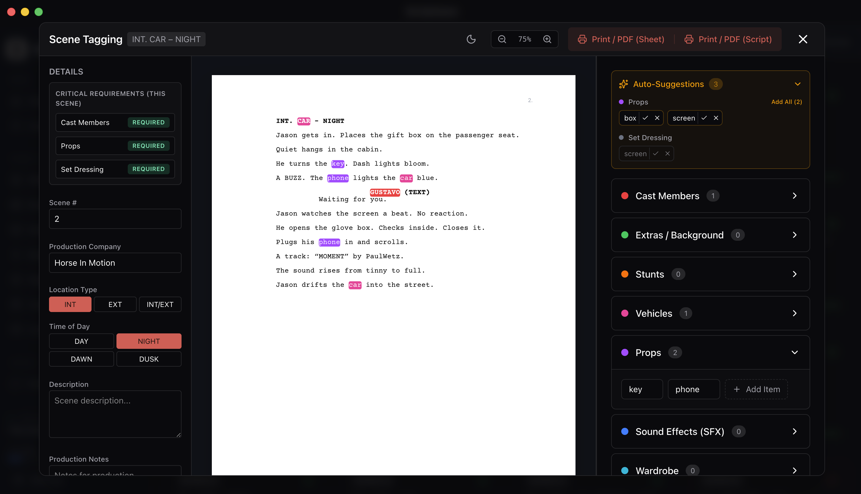 Scriptease recognizing scene elements — cast, props, and vehicles auto-suggested straight from the script