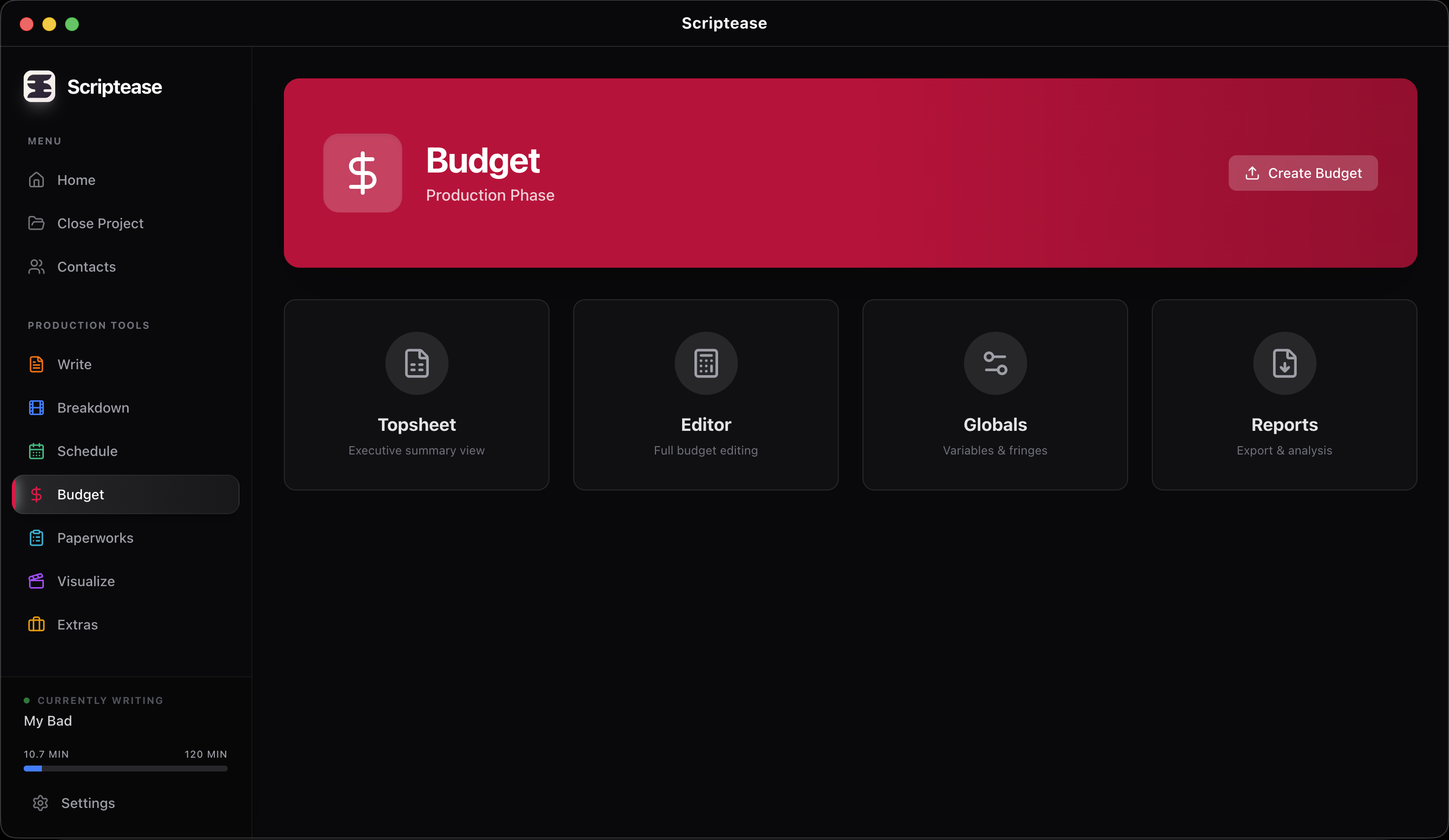 Scriptease budget hub for production budgeting