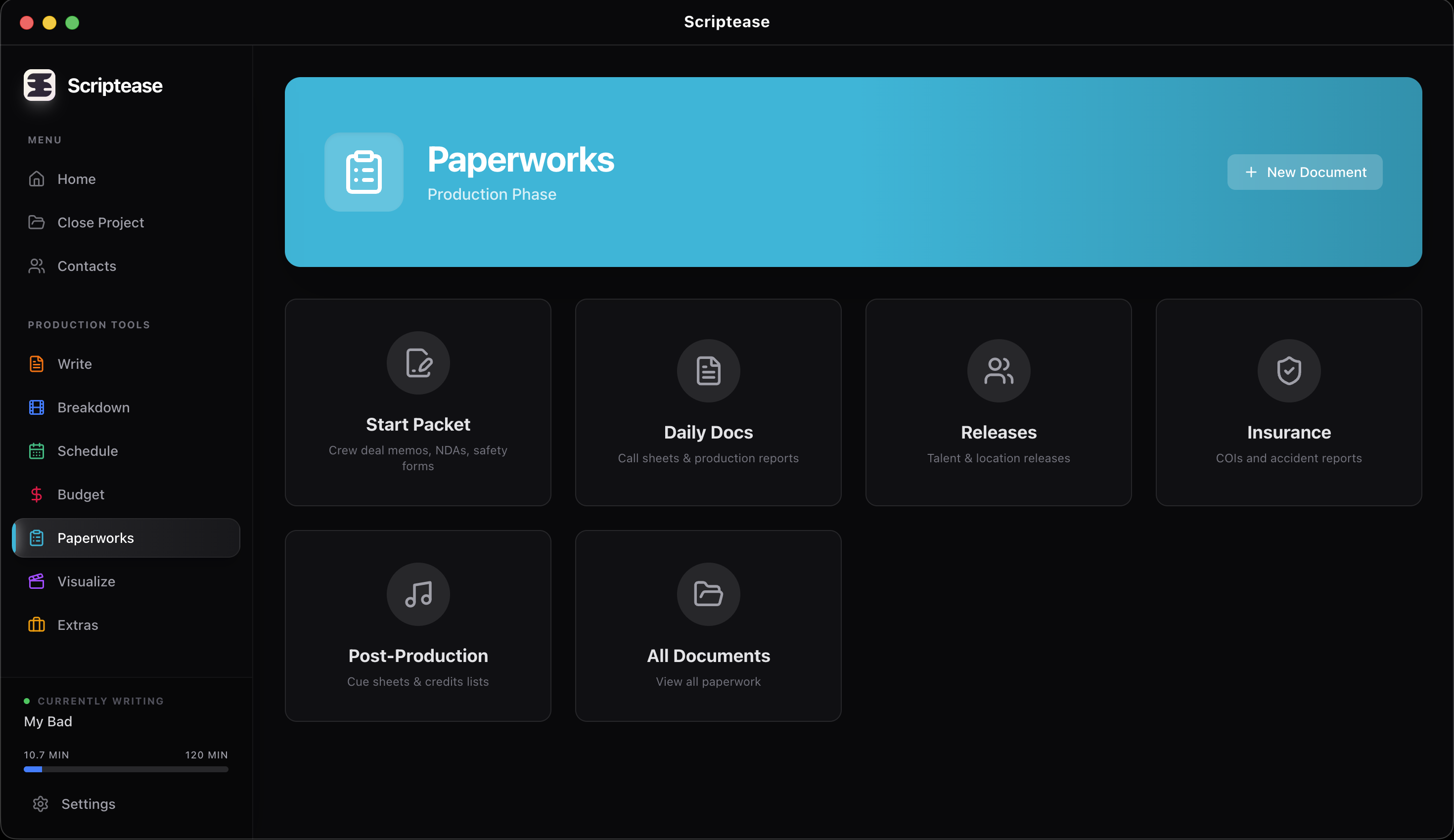Scriptease paperworks hub for production documents