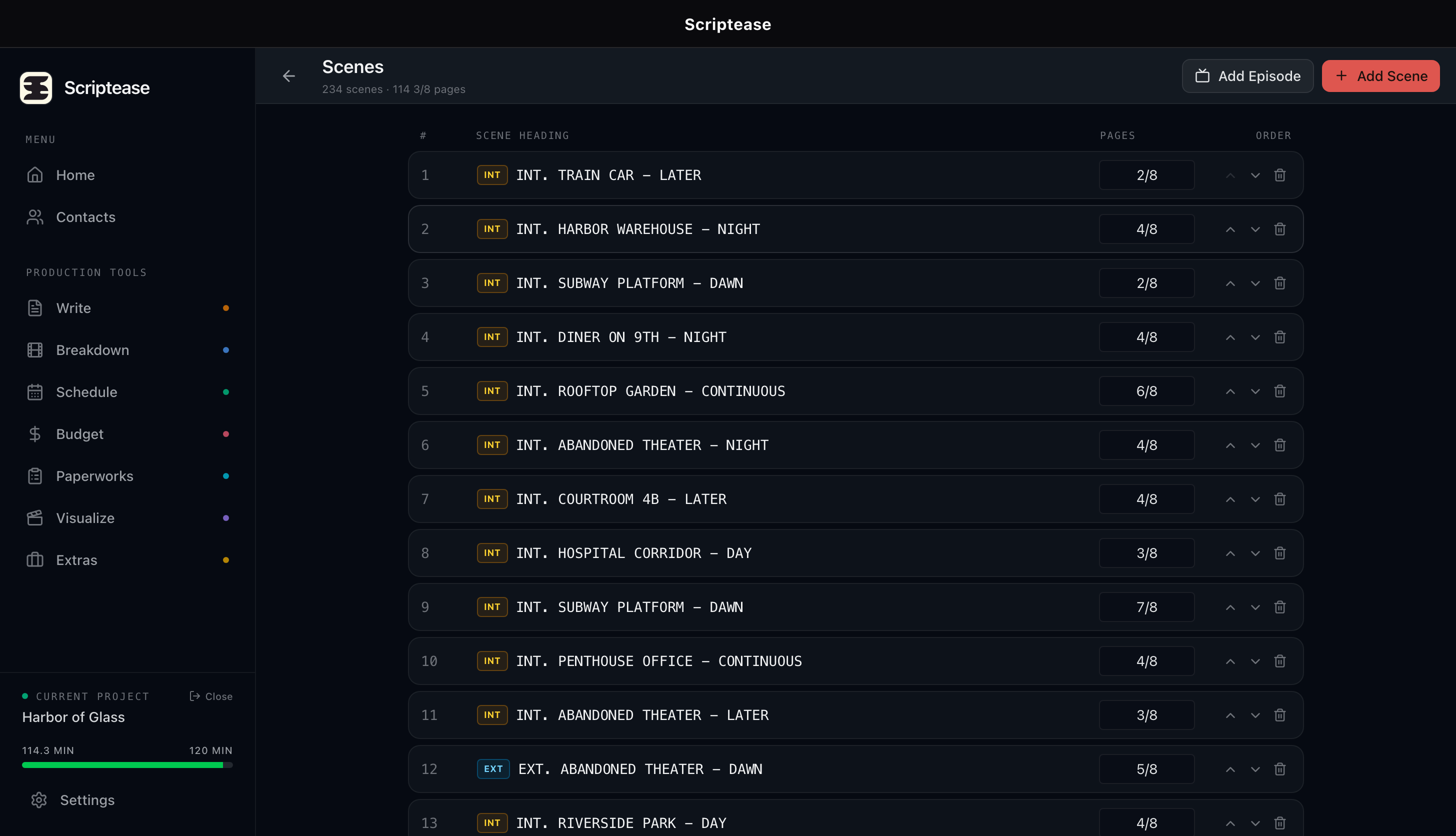 Scriptease scene list with page counts — build a schedule without a script
