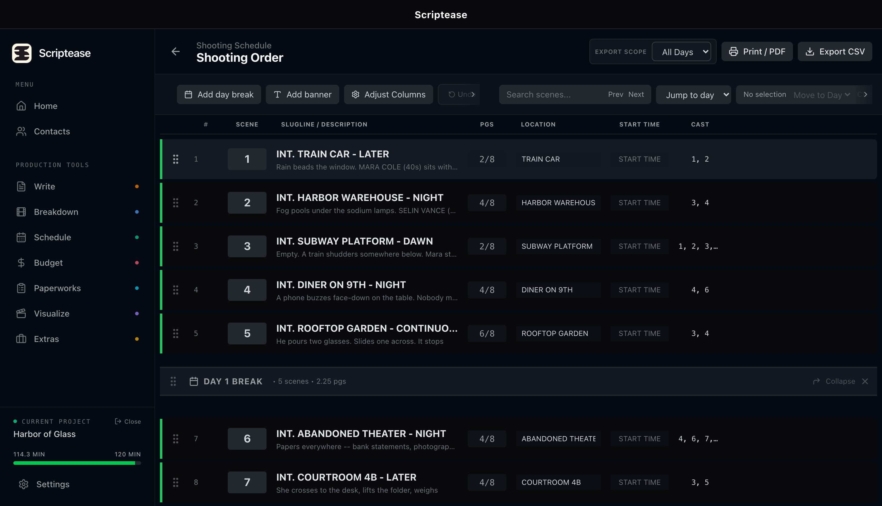 Scriptease shooting stripboard with day breaks, page counts and cast numbers