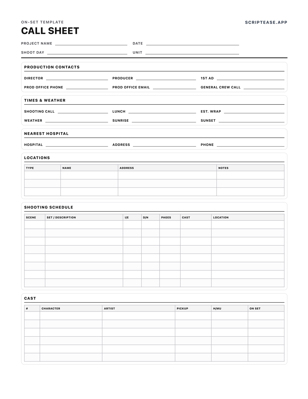 Preview of the Call Sheet template, page 1