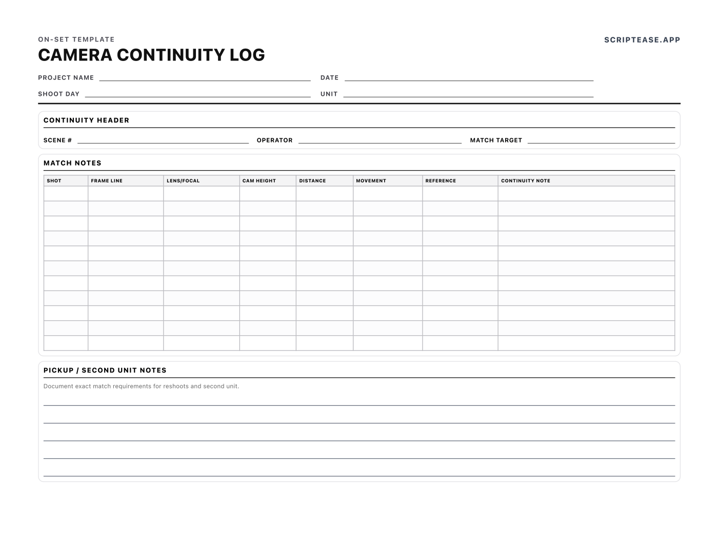 Preview of the Camera Continuity Log template, page 1