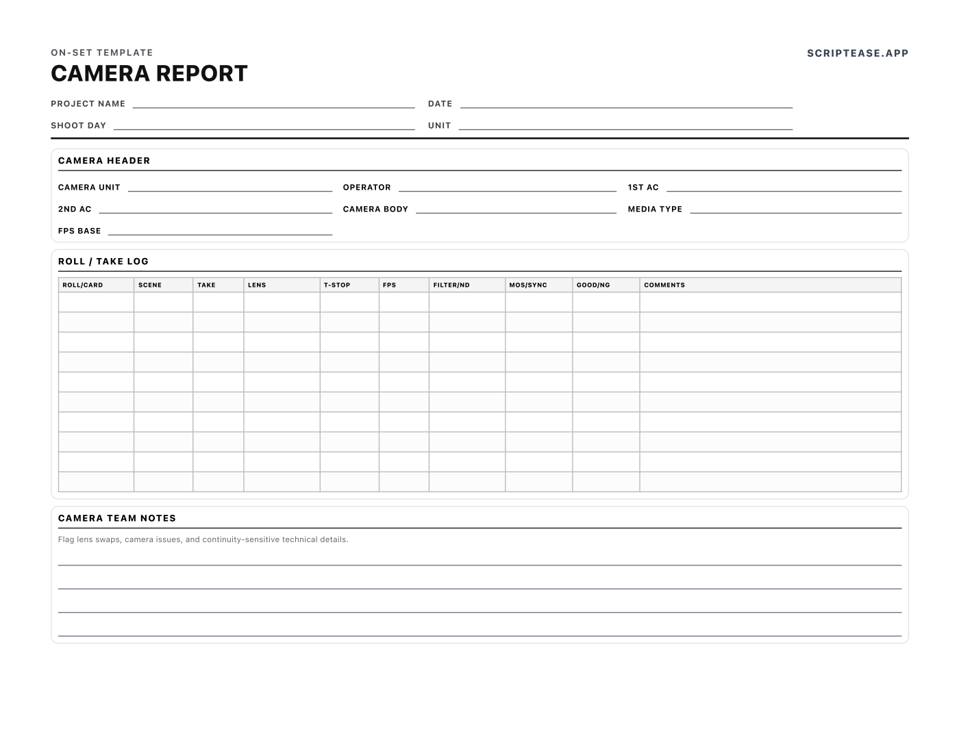 Preview of the Camera Report template, page 1