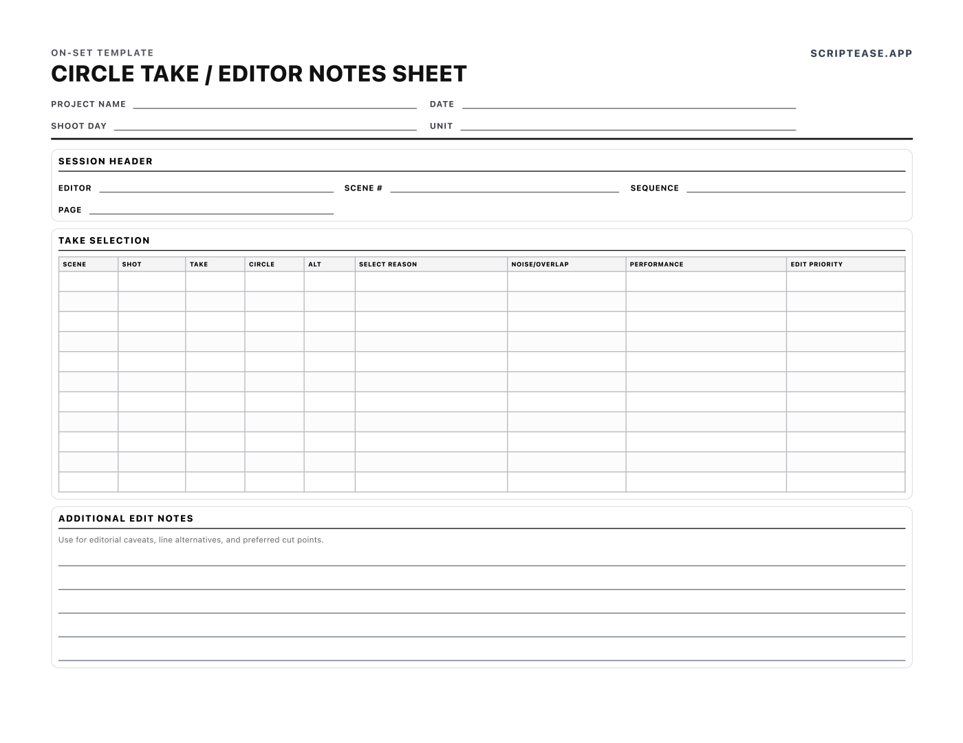 Preview of the Circle Take / Editor Notes template, page 1