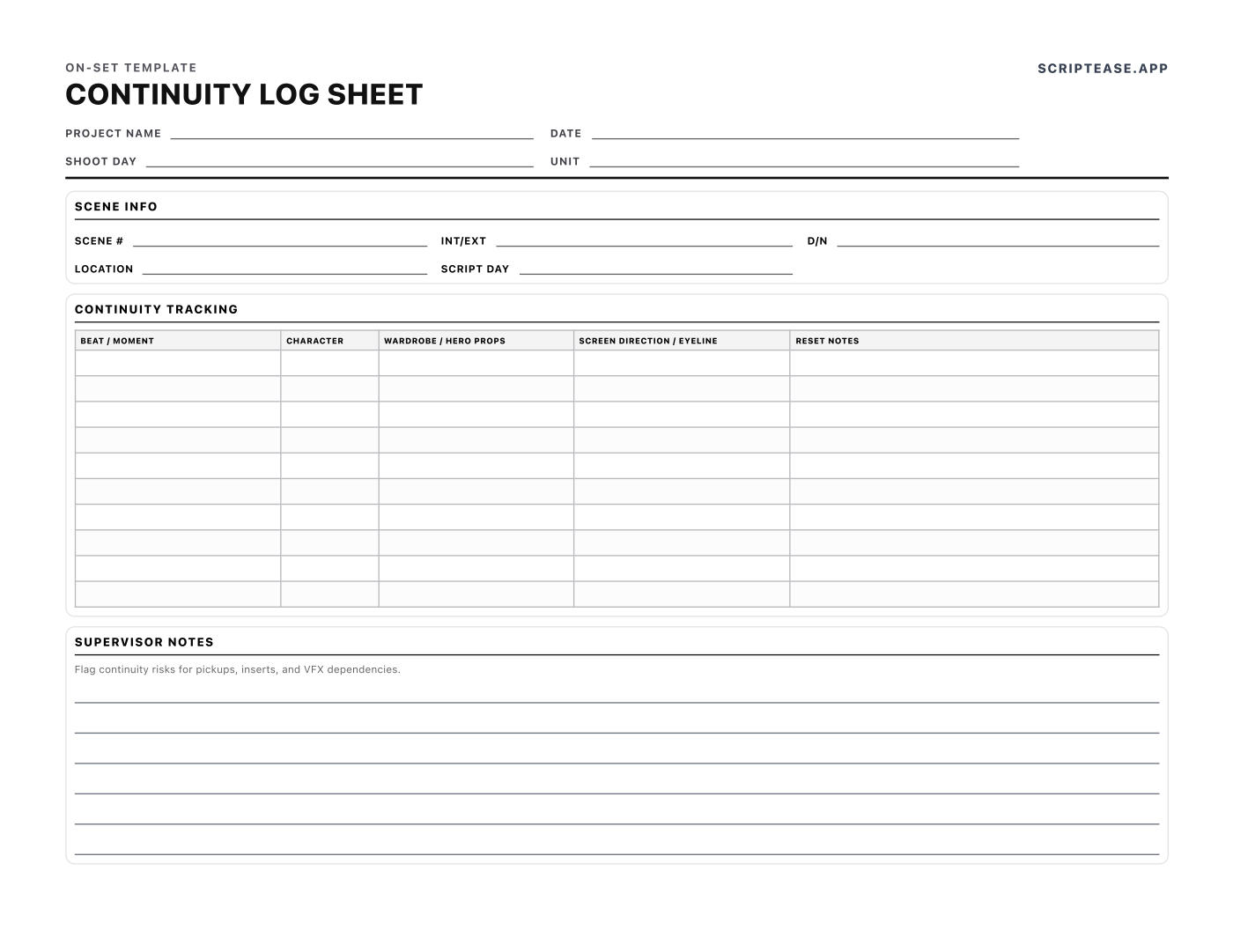 Preview of the Continuity Log template, page 1
