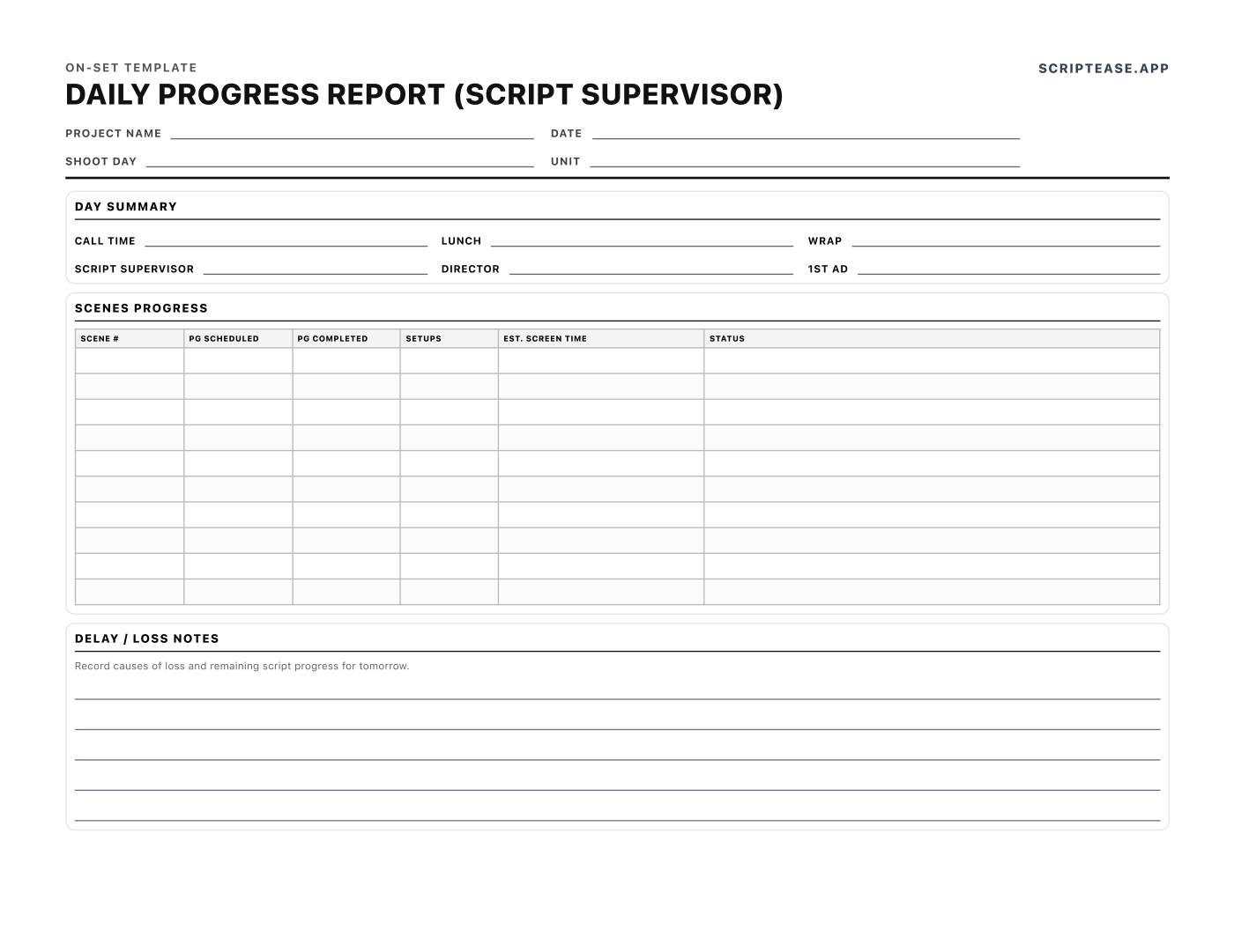 Preview of the Daily Progress Report template, page 1