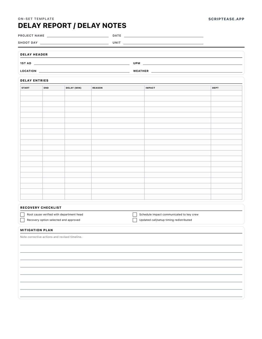 Preview of the Delay Report template, page 1