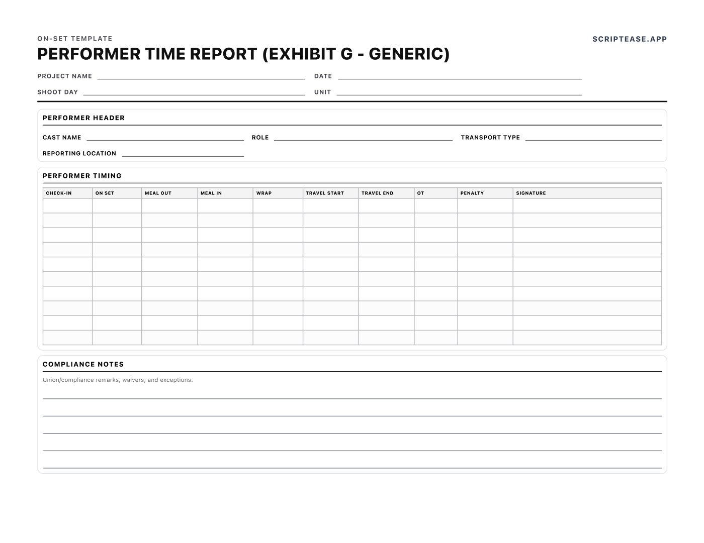 Preview of the Performer Time Report template, page 1