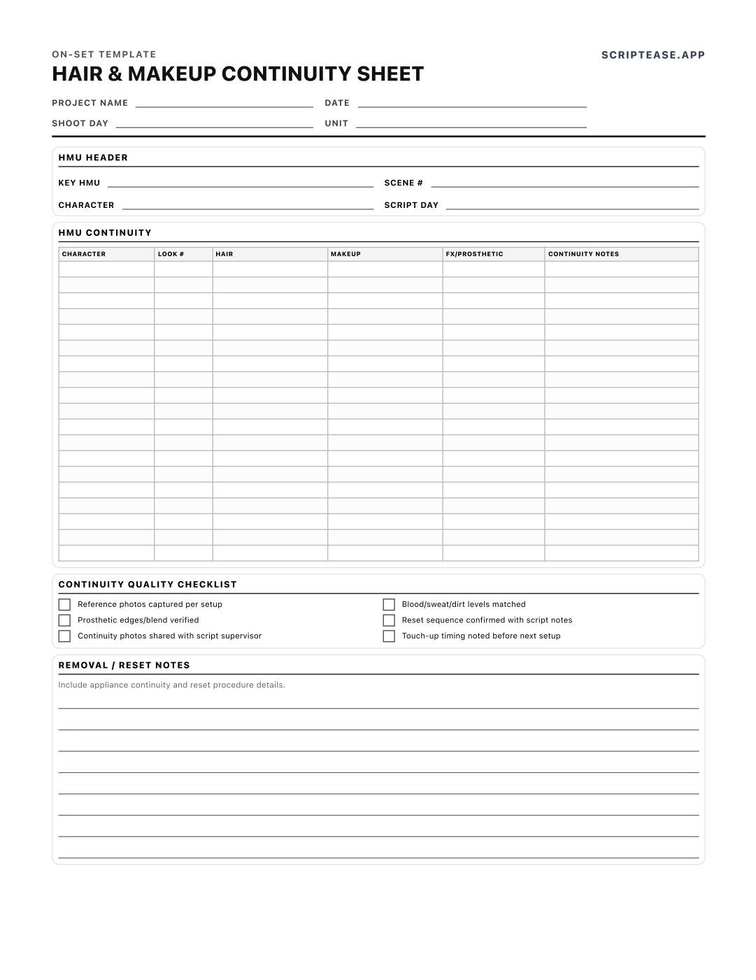 Preview of the Hair & Makeup Continuity template, page 1