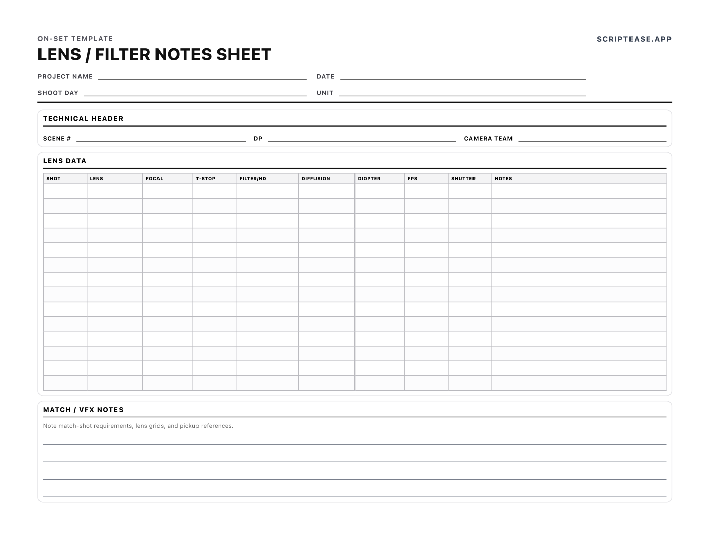 Preview of the Lens & Filter Notes template, page 1