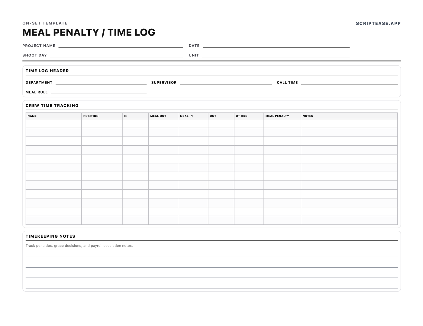 Preview of the Meal Penalty & Time Log template, page 1