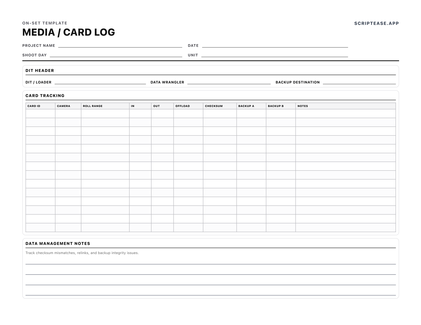 Preview of the Media / Card Log template, page 1