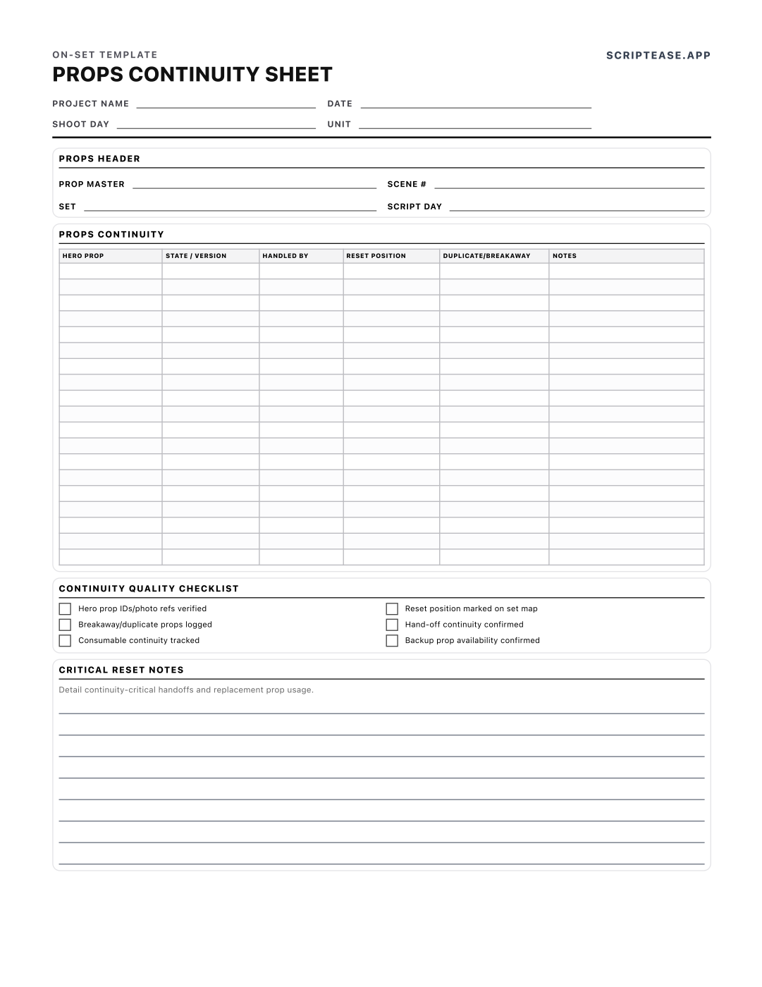 Preview of the Props Continuity Sheet template, page 1
