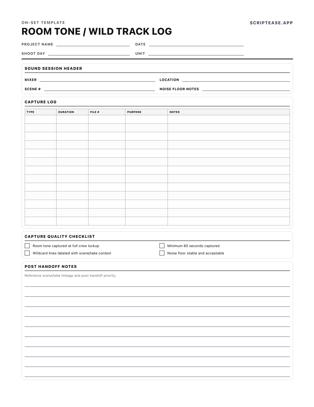 Preview of the Room Tone & Wild Track Log template, page 1