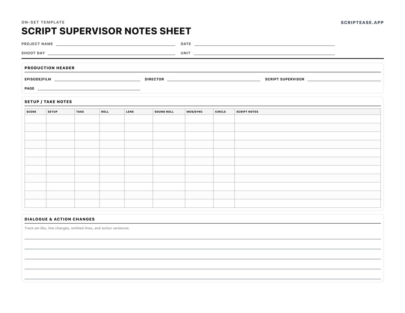 Preview of the Script Supervisor Notes template, page 1