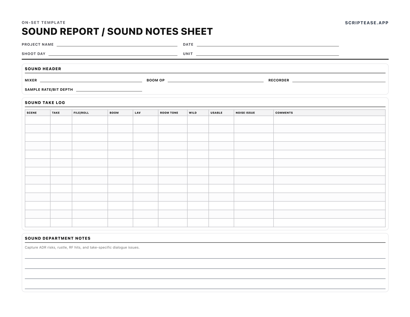 Preview of the Sound Report template, page 1