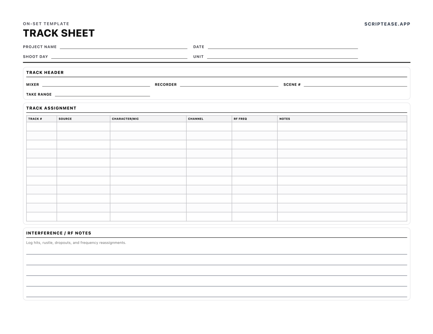 Preview of the Sound Track Sheet template, page 1