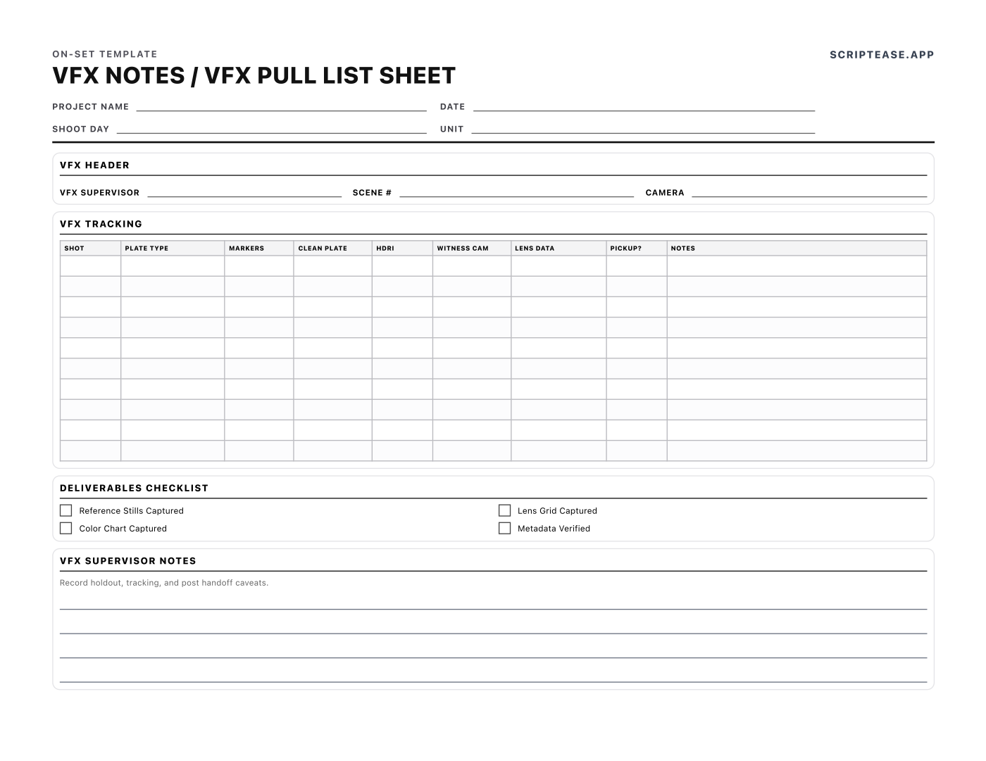 Preview of the VFX Notes & Pull List template, page 1