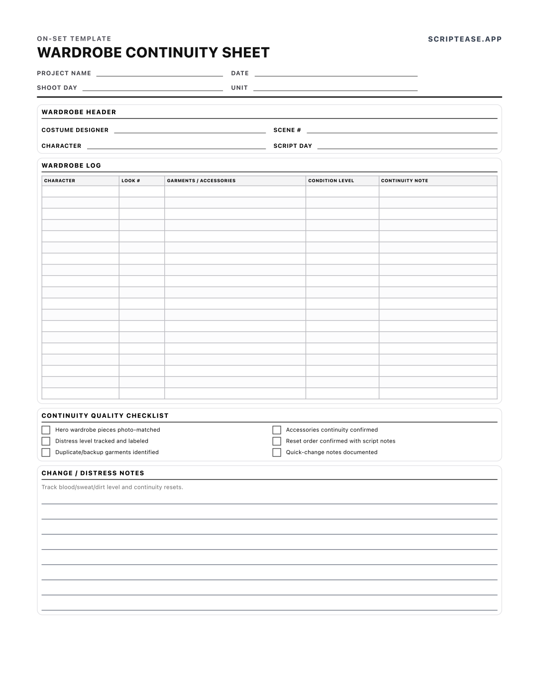 Preview of the Wardrobe Continuity Sheet template, page 1