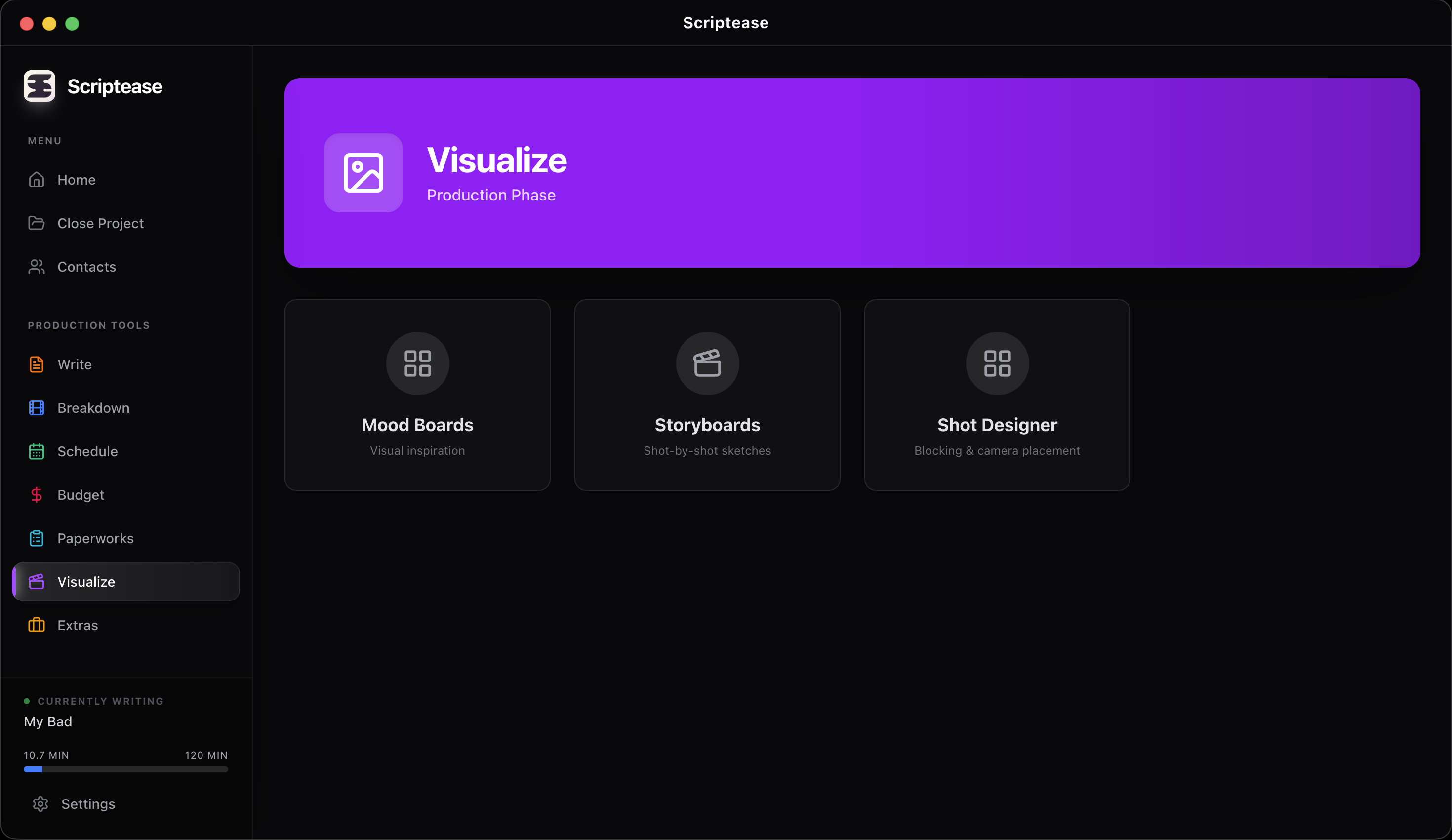 Scriptease visualize hub for visual planning