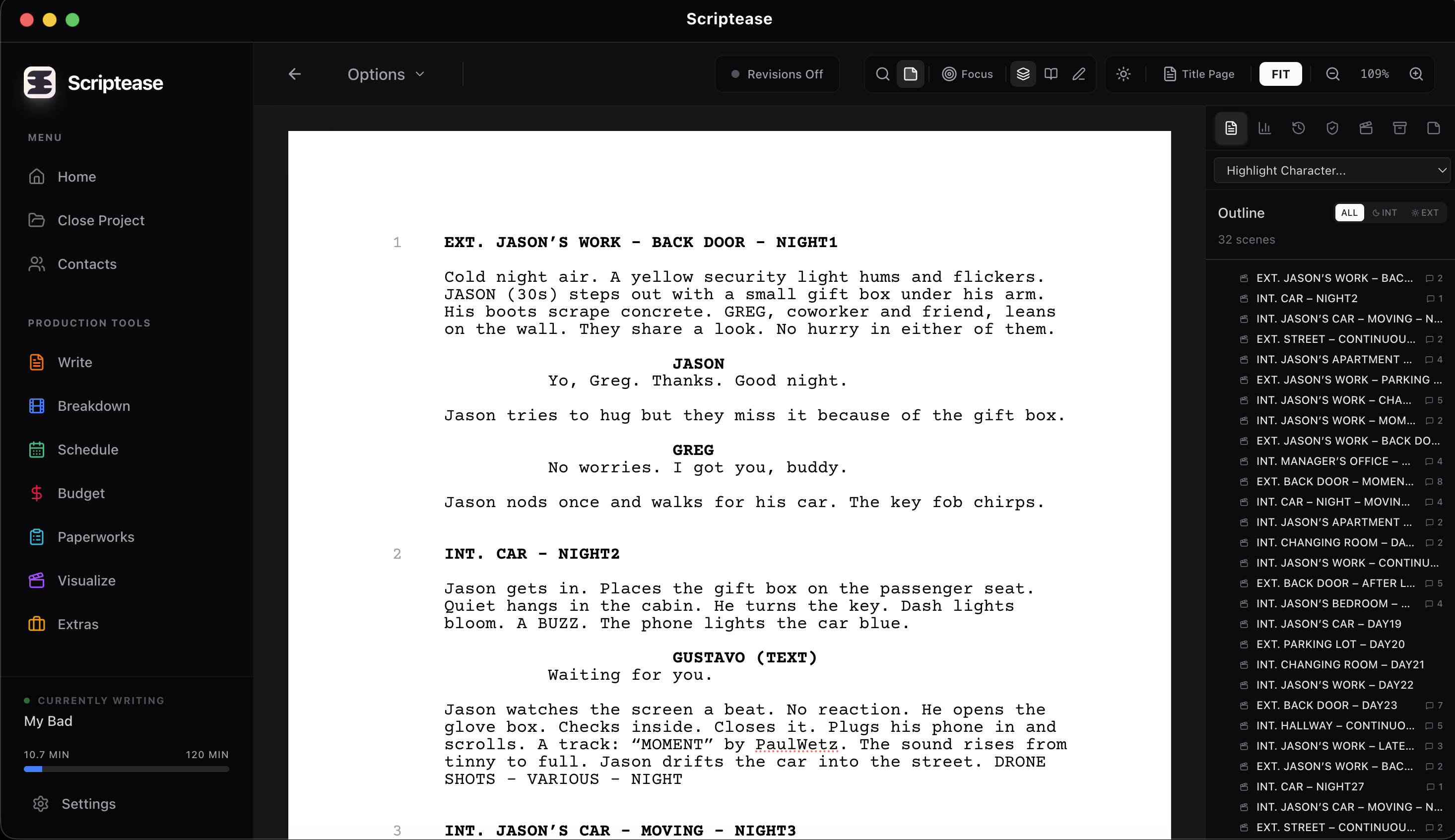 Scriptease screenwriting workspace for film and TV scripts